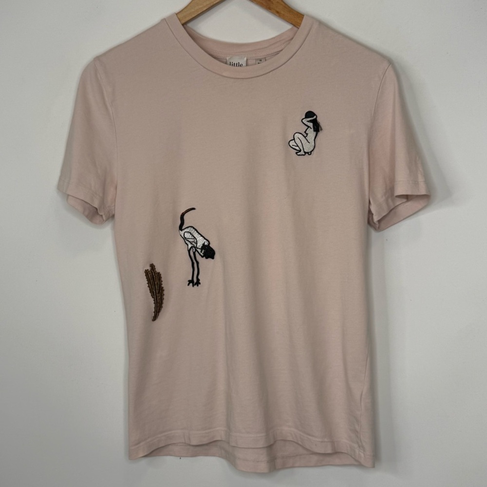 Aritzia Little Moon Pink Short Sleeve Tee with Embroidered Design